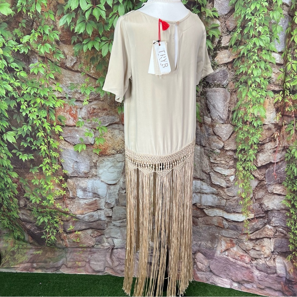 NWT TRYB Festival Style Taupe Silk Fringed Short Sleeve Blouse, XS - Picture 8 of 15